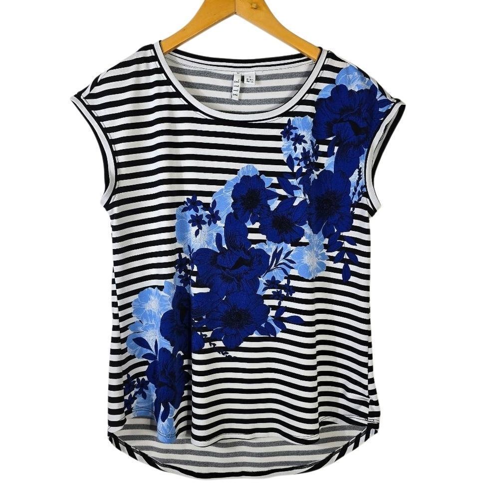 Elle Striped Tee with Vibrant Blue Floral Accents